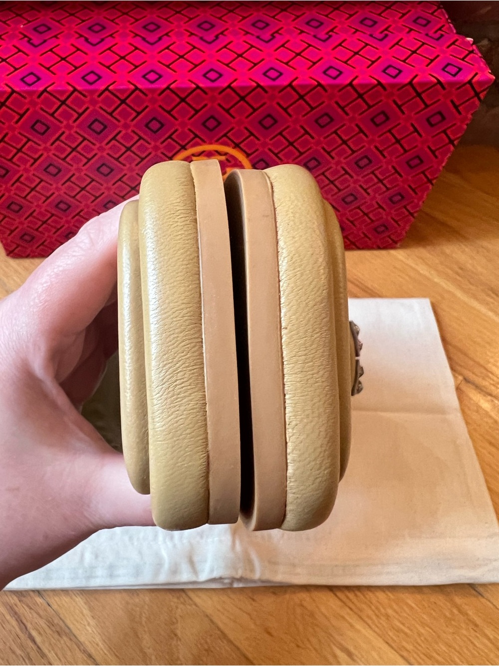 Tory Burch Ginger Shortbread Tan Crystal Double T Leather Sport Slide Sandals - Picture 8 of 11